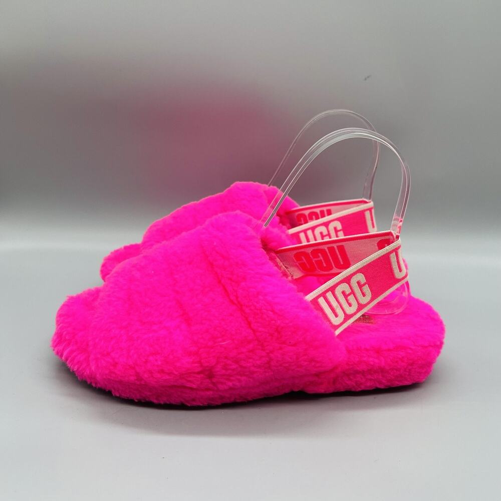UGG Shoes Womens 7 Pink Shearling Fluff Yeah Slide Slingback Logo Strap Slippers - Picture 4 of 11